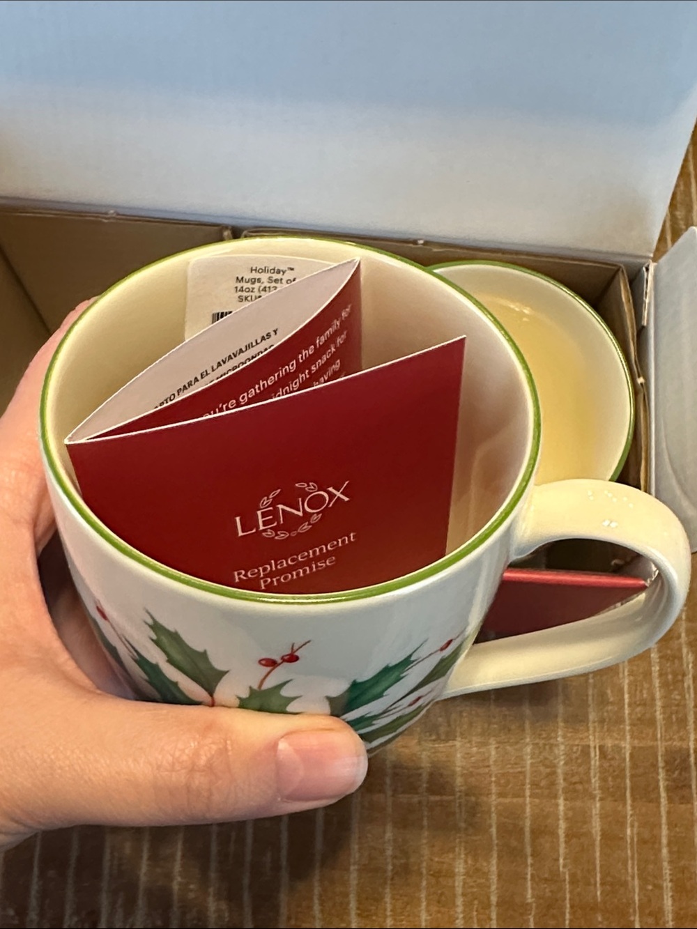 Lenox Holiday Cream Mugs with Green Holly and Red Berry Accents - Set of 2 - Picture 8 of 16